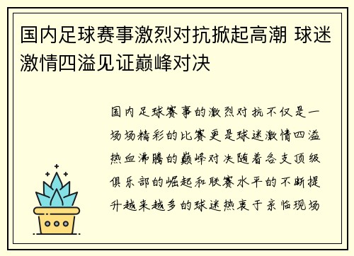 国内足球赛事激烈对抗掀起高潮 球迷激情四溢见证巅峰对决